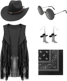HyperFun Cowgirl Outfits for Women Western Costume Accessories Cowboy Hat Tassels Fringe Vest Earring Hippie Glasses Bandana