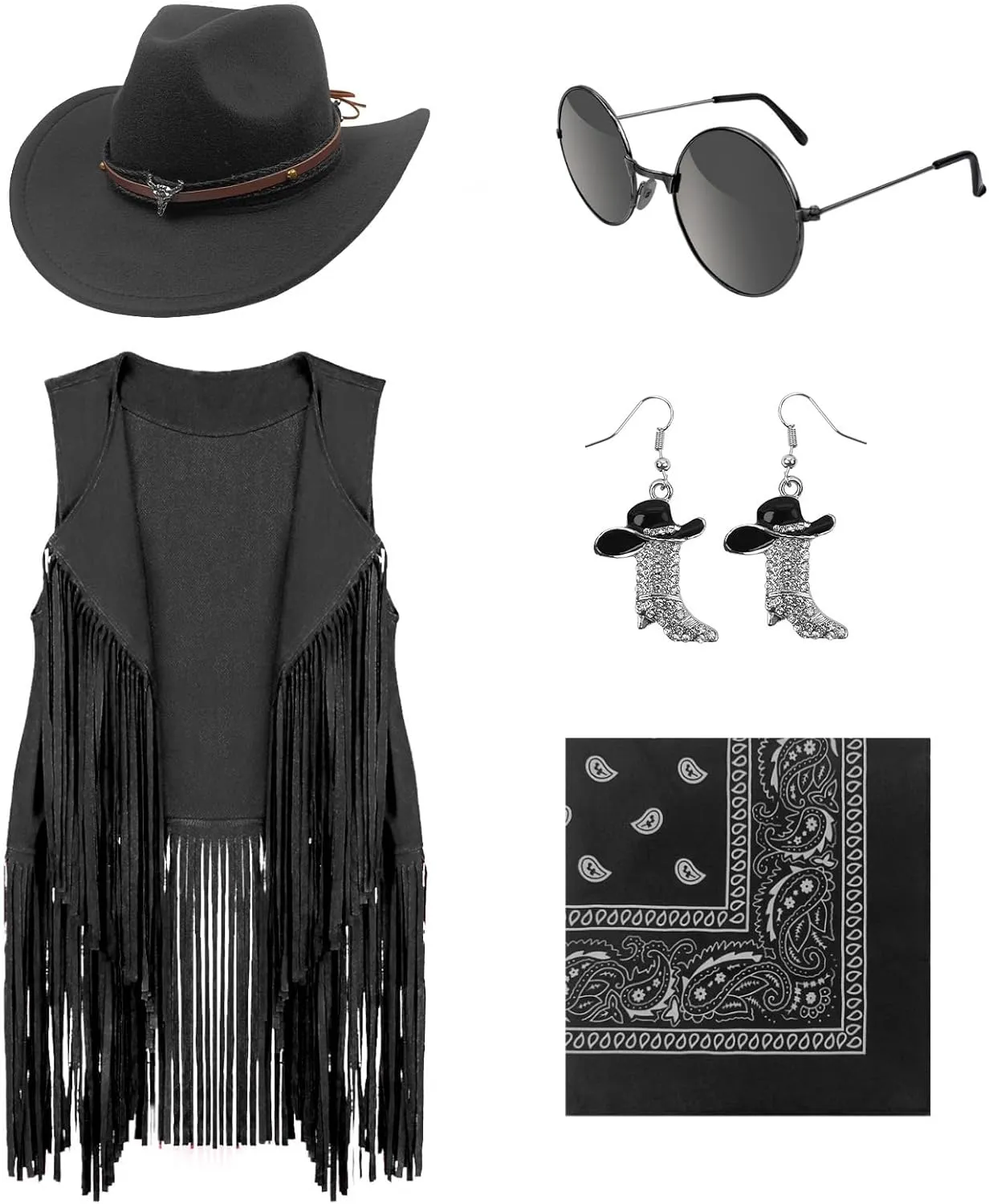 HyperFun Cowgirl Outfits for Women Western Costume Accessories Cowboy Hat Tassels Fringe Vest Earring Hippie Glasses Bandana