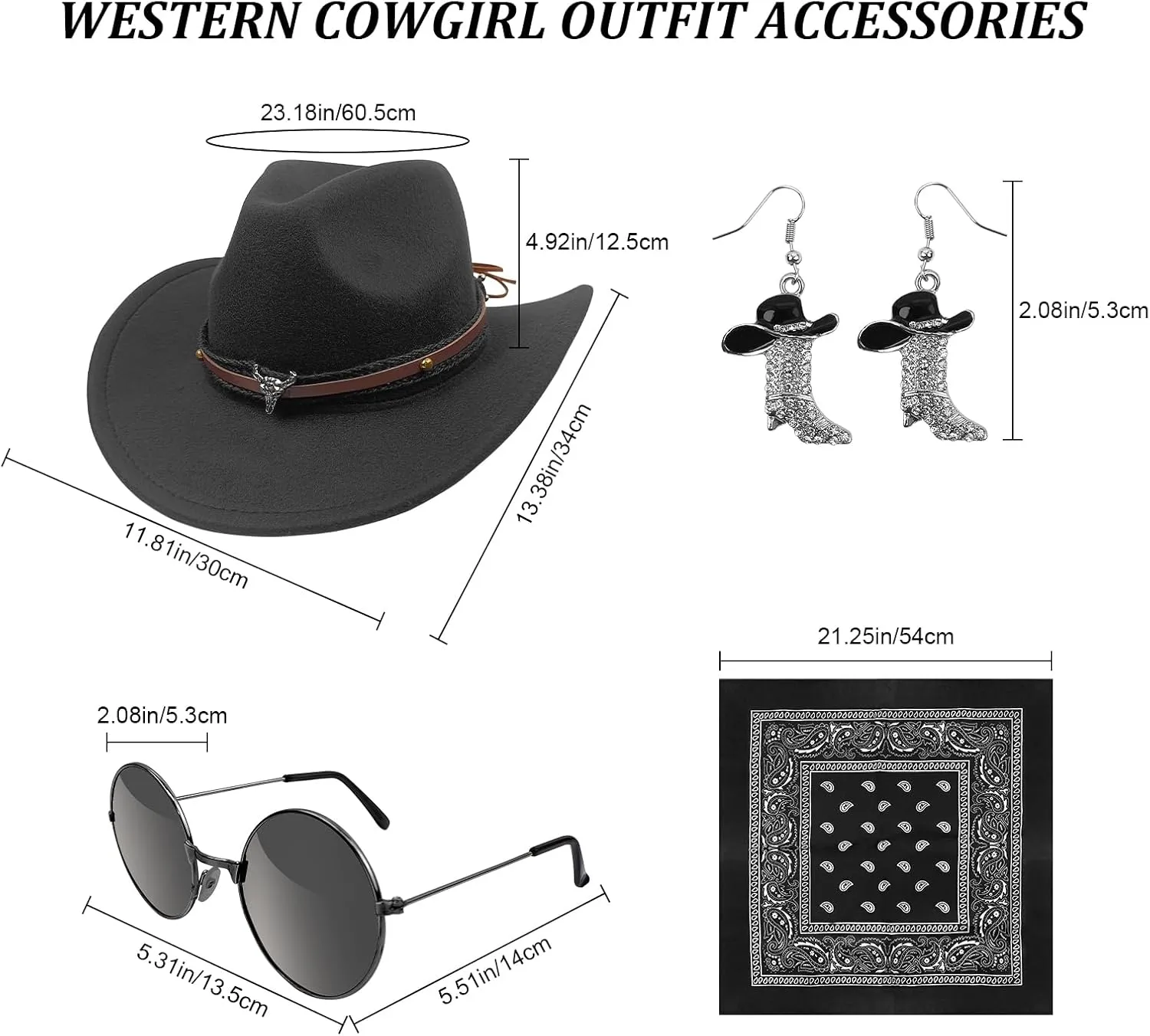 HyperFun Cowgirl Outfits for Women Western Costume Accessories Cowboy Hat Tassels Fringe Vest Earring Hippie Glasses Bandana