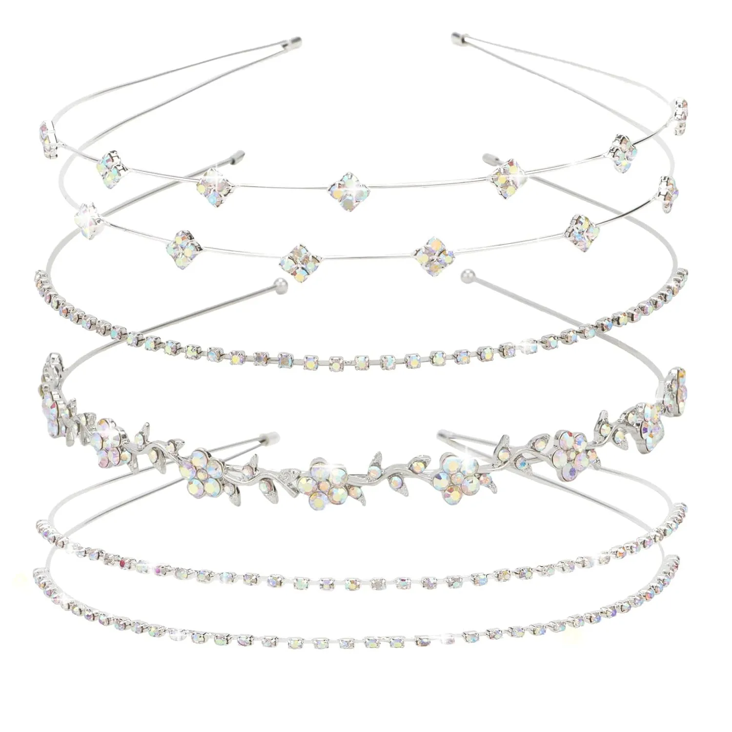 Jaciya Silver Bridal Headband 4 Pieces Rhinestone Headbands AB Crystal Flower Girl Leaves Crown Head Band Tiara Wedding Hair Accessories