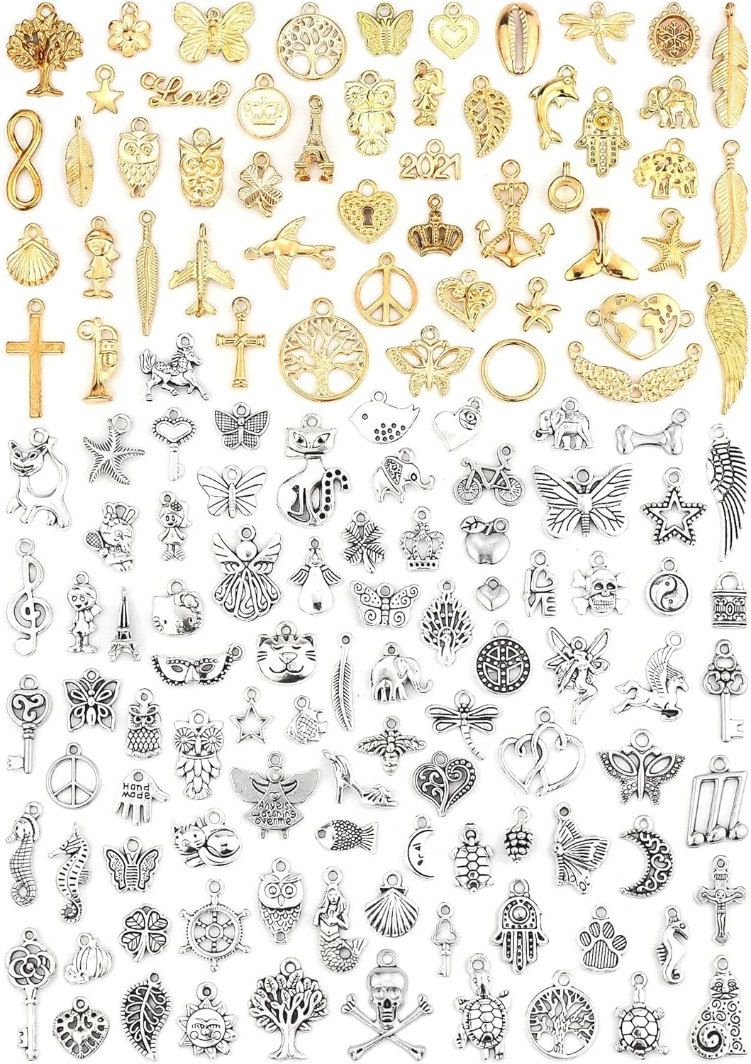 JIALEEY 150 PCS Wholesale Bulk Lots Jewelry Making Charms Mixed Antique Silver KC Gold Alloy Charms Pendants DIY for Necklace Bracelet Jewelry Making and Crafting