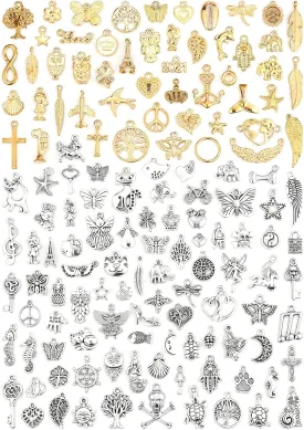 JIALEEY 150 PCS Wholesale Bulk Lots Jewelry Making Charms Mixed Antique Silver KC Gold Alloy Charms Pendants DIY for Necklace Bracelet Jewelry Making and Crafting