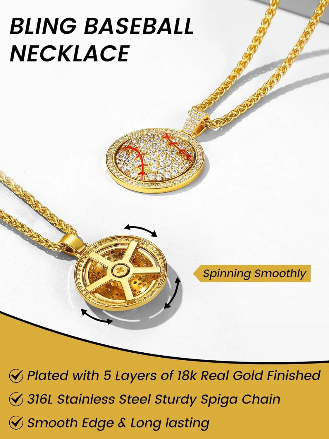 KeyStyle Bling Sports Necklace for Men Teen, Spinner Pendant for Athletes (Baseball Soccer Basketball Football Pendant)