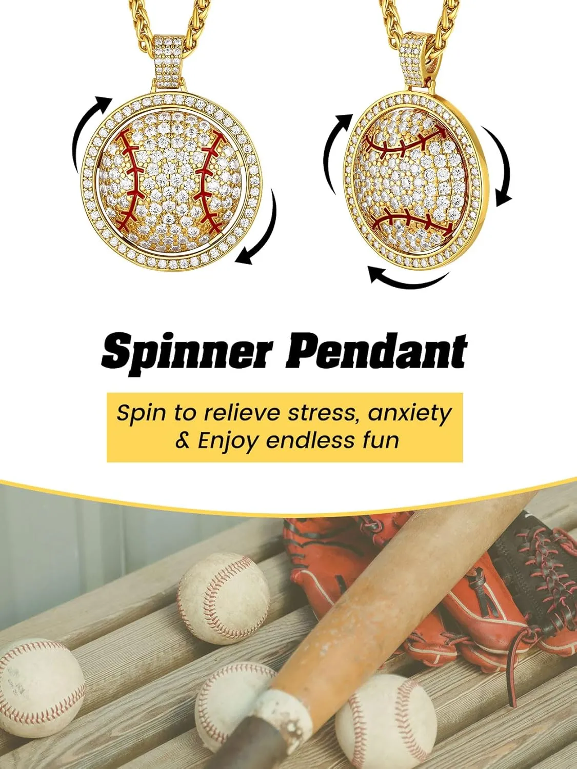 KeyStyle Bling Sports Necklace for Men Teen, Spinner Pendant for Athletes (Baseball Soccer Basketball Football Pendant)