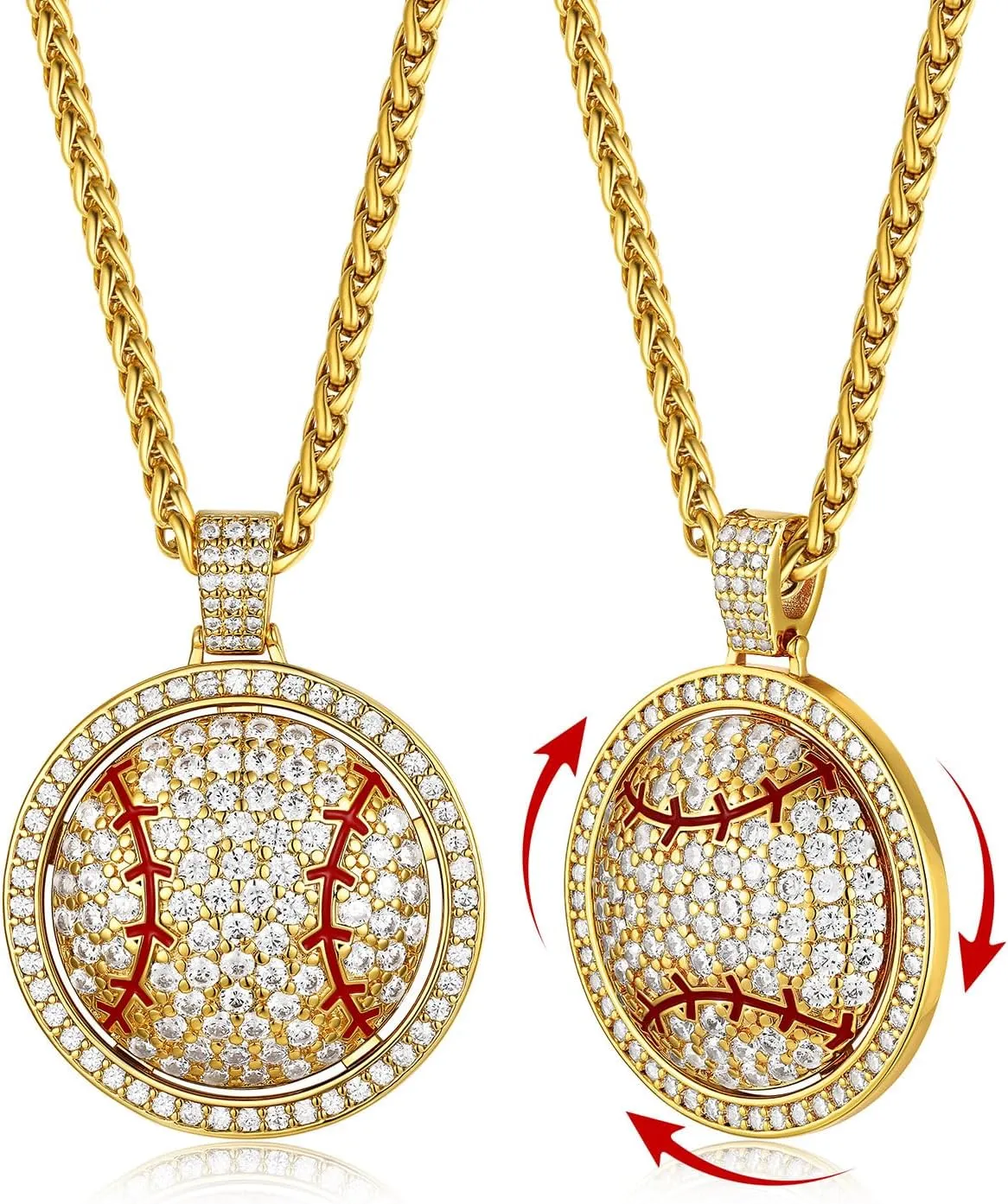 KeyStyle Bling Sports Necklace for Men Teen, Spinner Pendant for Athletes (Baseball Soccer Basketball Football Pendant)