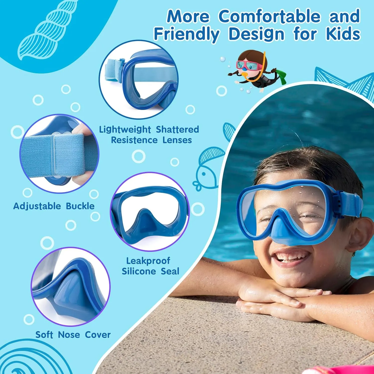 Kids Swim Goggles, Snorkel Mask Diving Mask Swimming Goggles with Nose Cover and Wide Elastic Straps Cover with Mesh Bag & Ear Plugs