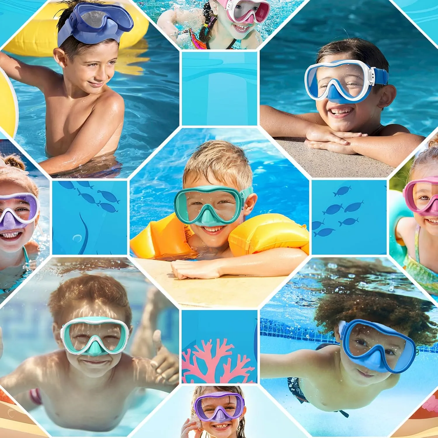 Kids Swim Goggles, Snorkel Mask Diving Mask Swimming Goggles with Nose Cover and Wide Elastic Straps Cover with Mesh Bag & Ear Plugs