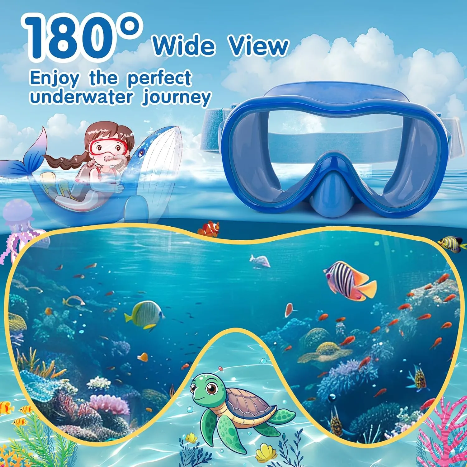 Kids Swim Goggles, Snorkel Mask Diving Mask Swimming Goggles with Nose Cover and Wide Elastic Straps Cover with Mesh Bag & Ear Plugs