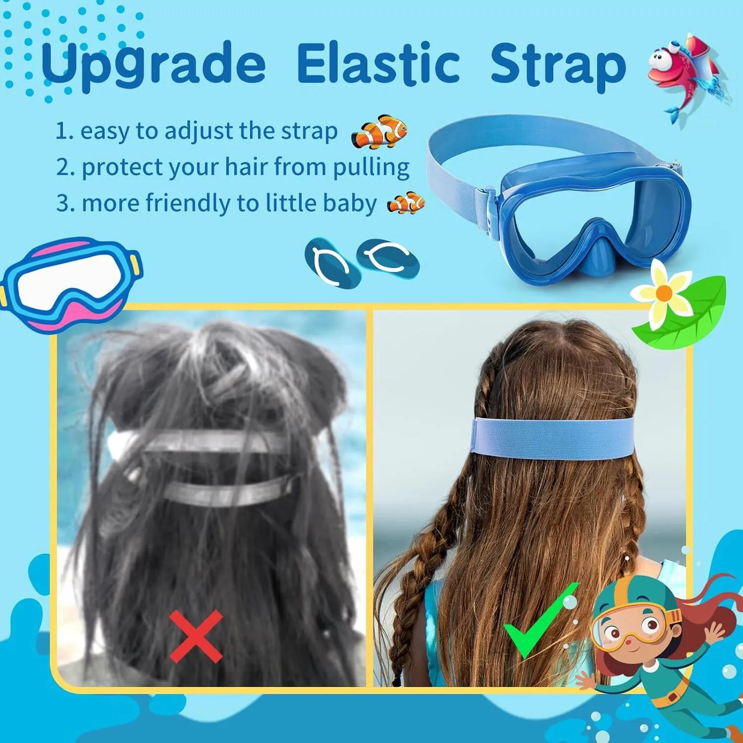 Kids Swim Goggles, Snorkel Mask Diving Mask Swimming Goggles with Nose Cover and Wide Elastic Straps Cover with Mesh Bag & Ear Plugs