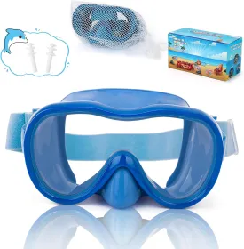 Kids Swim Goggles, Snorkel Mask Diving Mask Swimming Goggles with Nose Cover and Wide Elastic Straps Cover with Mesh Bag & Ear Plugs