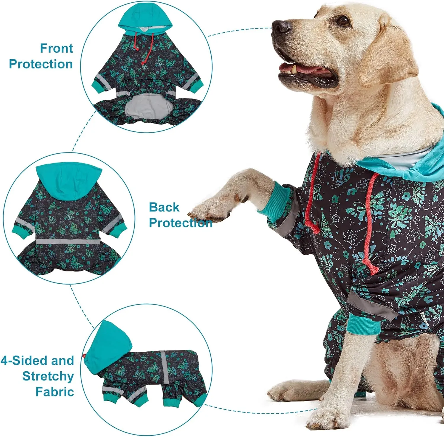 LovinPet Large Breed Dog Onesie Pajamas - UV & Wound Care, Dog Anxiety Relief, Dog Jammies, Reflective Stripe, Butterflies and Rings Black/Green Print, Post Surgery Pet PJ's/Medium