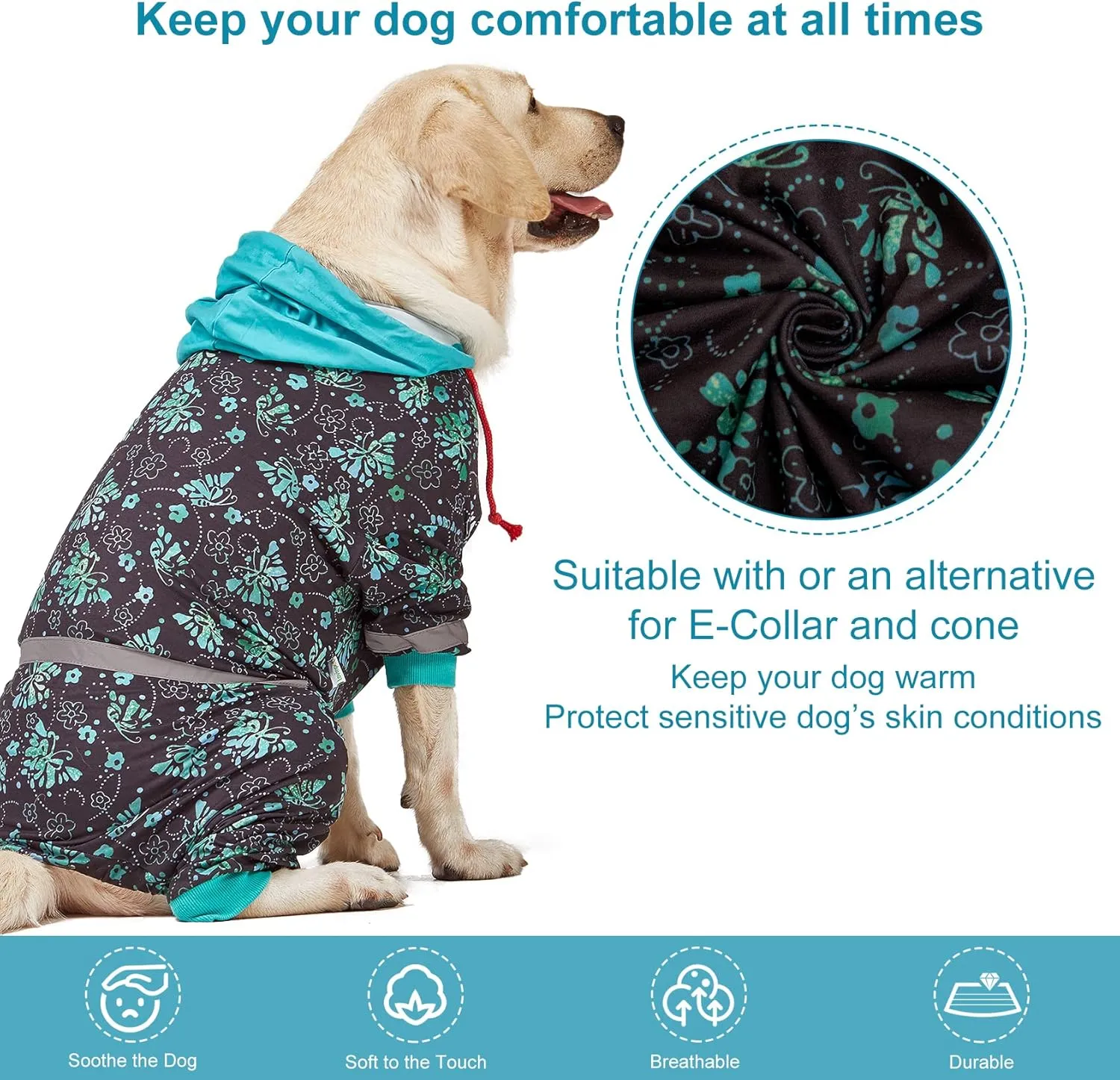 LovinPet Large Breed Dog Onesie Pajamas - UV & Wound Care, Dog Anxiety Relief, Dog Jammies, Reflective Stripe, Butterflies and Rings Black/Green Print, Post Surgery Pet PJ's/Medium
