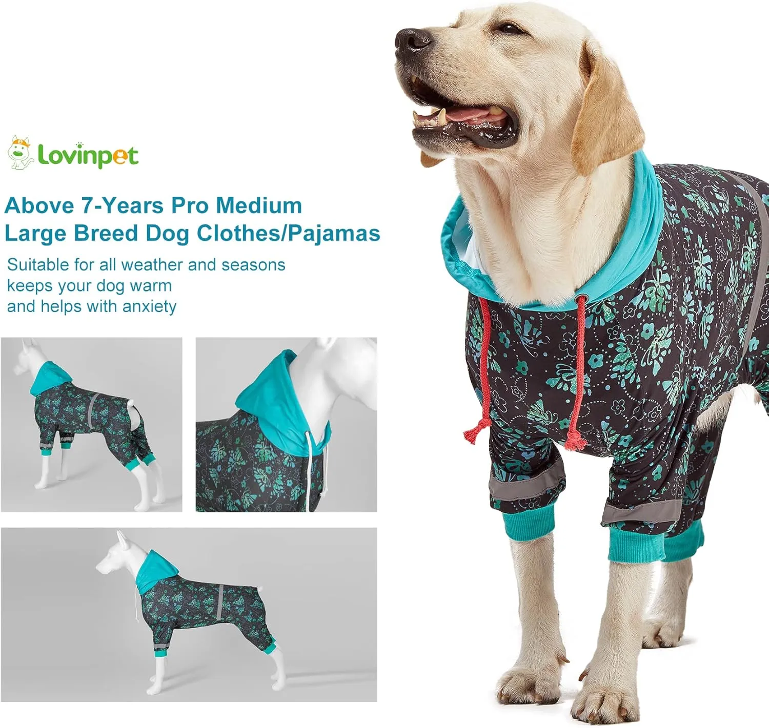LovinPet Large Breed Dog Onesie Pajamas - UV & Wound Care, Dog Anxiety Relief, Dog Jammies, Reflective Stripe, Butterflies and Rings Black/Green Print, Post Surgery Pet PJ's/Medium