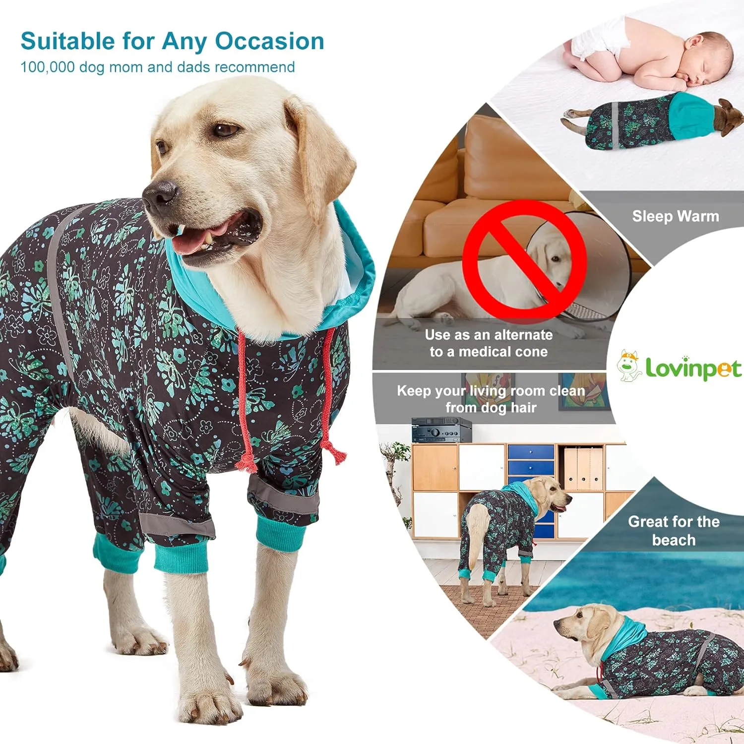 LovinPet Large Breed Dog Onesie Pajamas - UV & Wound Care, Dog Anxiety Relief, Dog Jammies, Reflective Stripe, Butterflies and Rings Black/Green Print, Post Surgery Pet PJ's/Medium