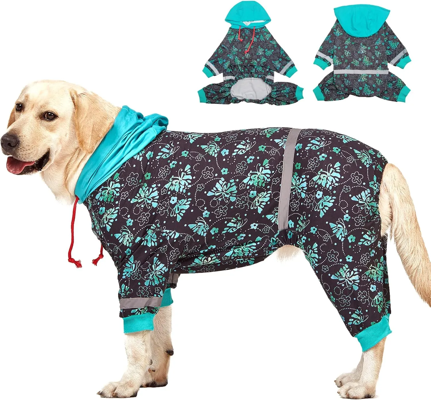 LovinPet Large Breed Dog Onesie Pajamas - UV & Wound Care, Dog Anxiety Relief, Dog Jammies, Reflective Stripe, Butterflies and Rings Black/Green Print, Post Surgery Pet PJ's/Medium