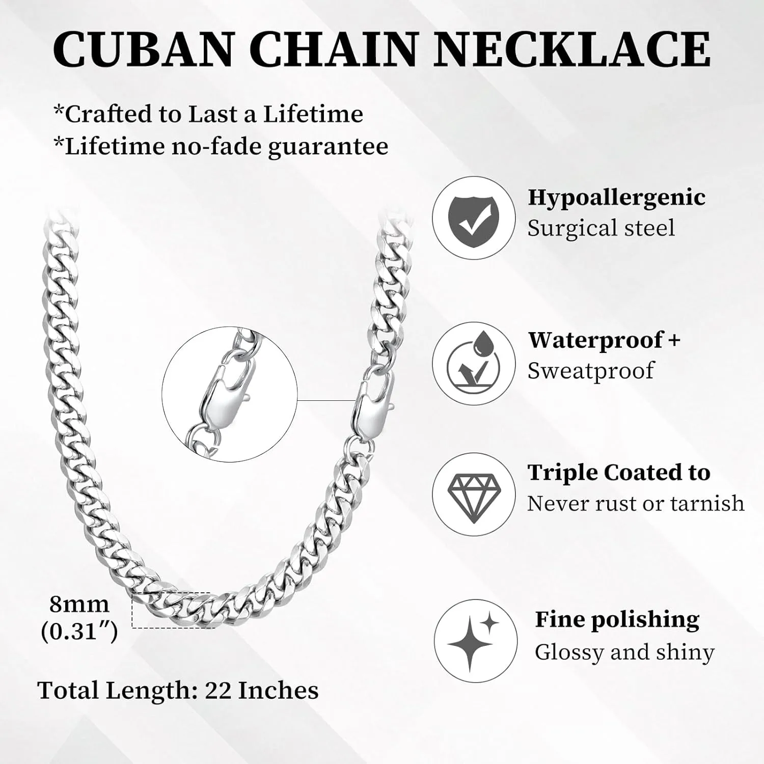 MEALGUET Curb Chain Necklace Gifts for Boys - Men's Cool Hip Hop 8mm Stainless Steel Cuban Link Chain Necklace for Men, Mens Jewelry Gifts for Boys Boyfriend Son Dad Graduation Father's Day,22 Inches