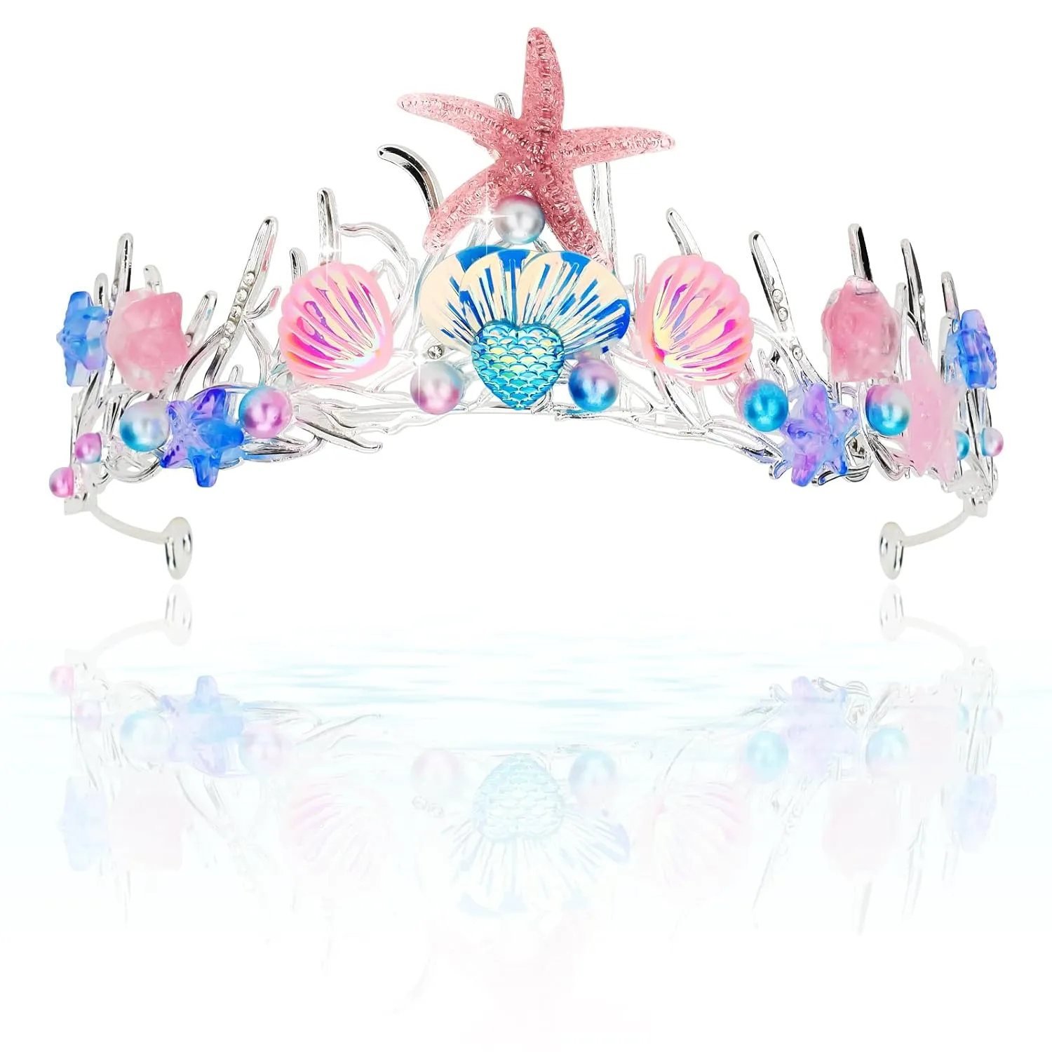 Mermaid Tiara for Women Pearl Mermaid Crown Adult Mermaid Headband Hair Accessories Costume women Mermaid Purple Blue Pink Tiaras Seashell Starfish Fish Tail