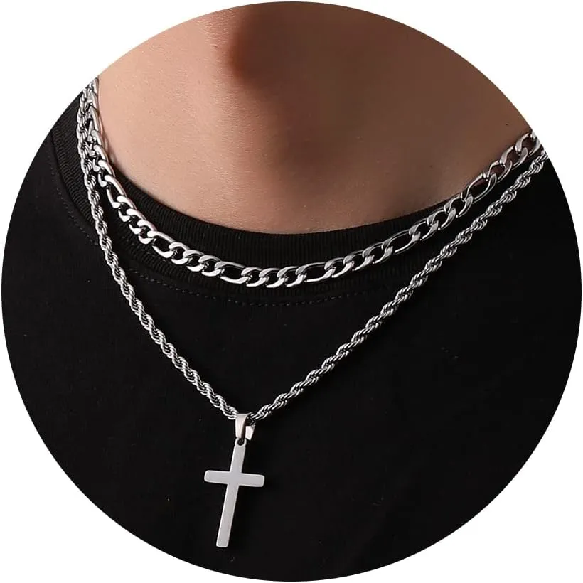 P.BLAKE Layered Cross Necklace With Chain for Men Boys, Stainless Steel Figaro Twist Rope Chain Christian Cross Pendant Choke Necklace Jewelry Gifts for Men Boys