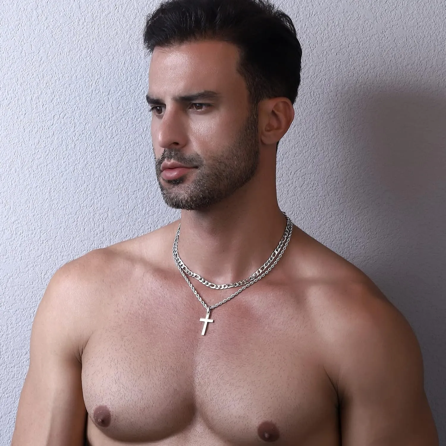 P.BLAKE Layered Cross Necklace With Chain for Men Boys, Stainless Steel Figaro Twist Rope Chain Christian Cross Pendant Choke Necklace Jewelry Gifts for Men Boys
