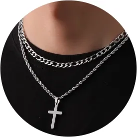 P.BLAKE Layered Cross Necklace With Chain for Men Boys, Stainless Steel Figaro Twist Rope Chain Christian Cross Pendant Choke Necklace Jewelry Gifts for Men Boys