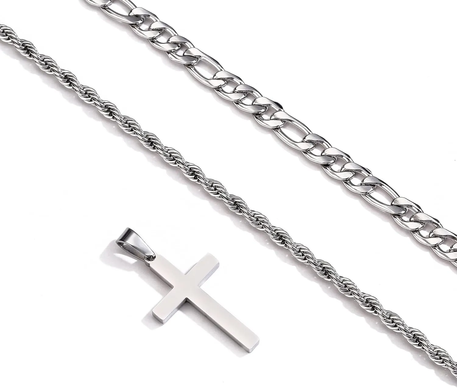 P.BLAKE Layered Cross Necklace With Chain for Men Boys, Stainless Steel Figaro Twist Rope Chain Christian Cross Pendant Choke Necklace Jewelry Gifts for Men Boys