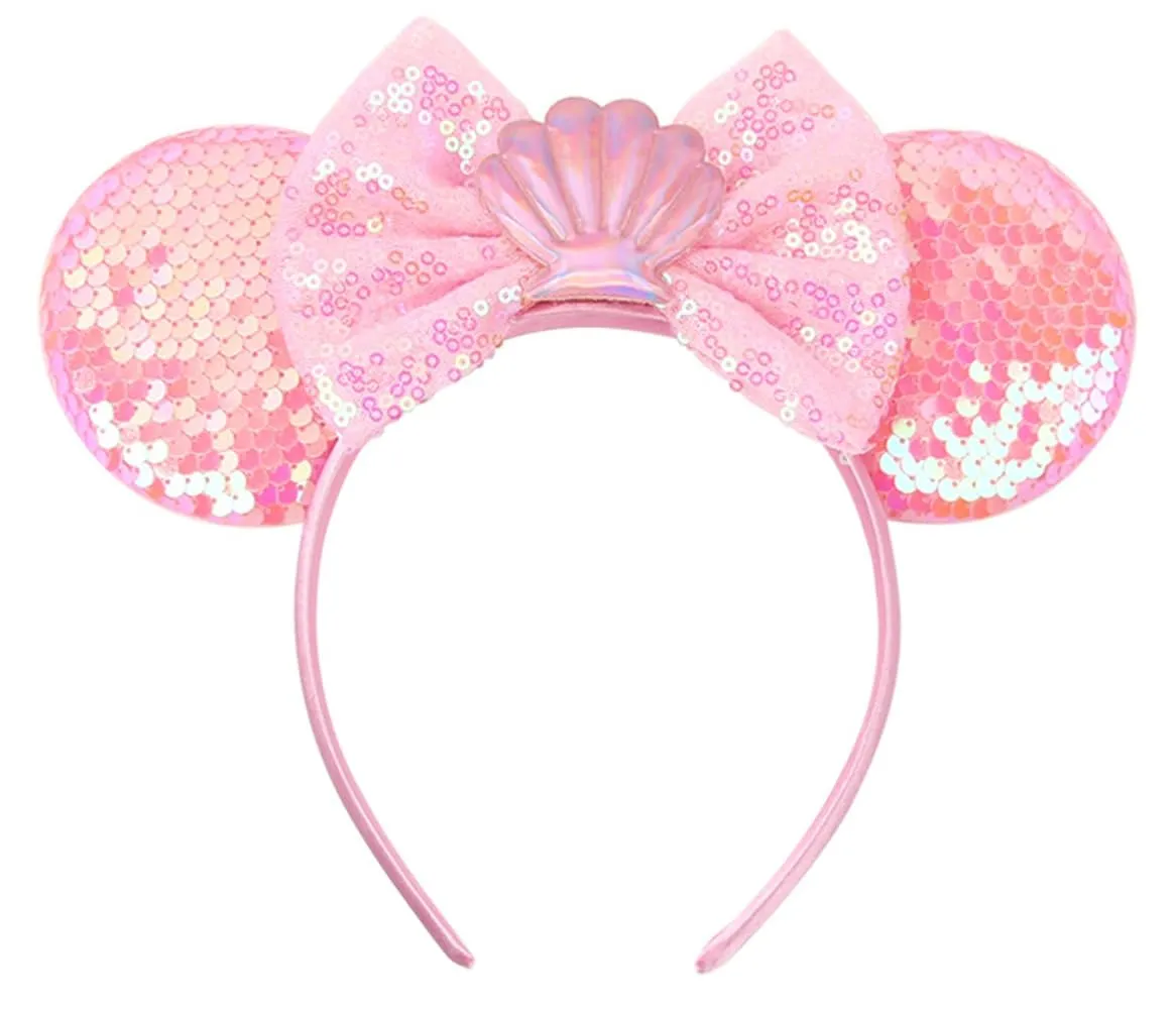 Pink Mermaid Ears Headbands With Sparkling Sequins & Shell & Bow, for Girls Women Disneyland Cosplay Glitter Party Decoration Costume Crown; BK7F