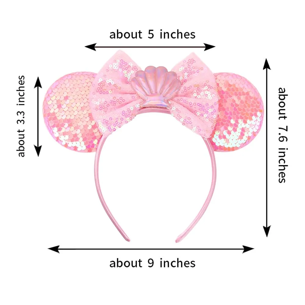 Pink Mermaid Ears Headbands With Sparkling Sequins & Shell & Bow, for Girls Women Disneyland Cosplay Glitter Party Decoration Costume Crown; BK7F