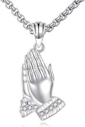 Praying Hands Necklace for Men Women Sterling Silver Gifts Serenity Prayer Hands Necklace Jewelry