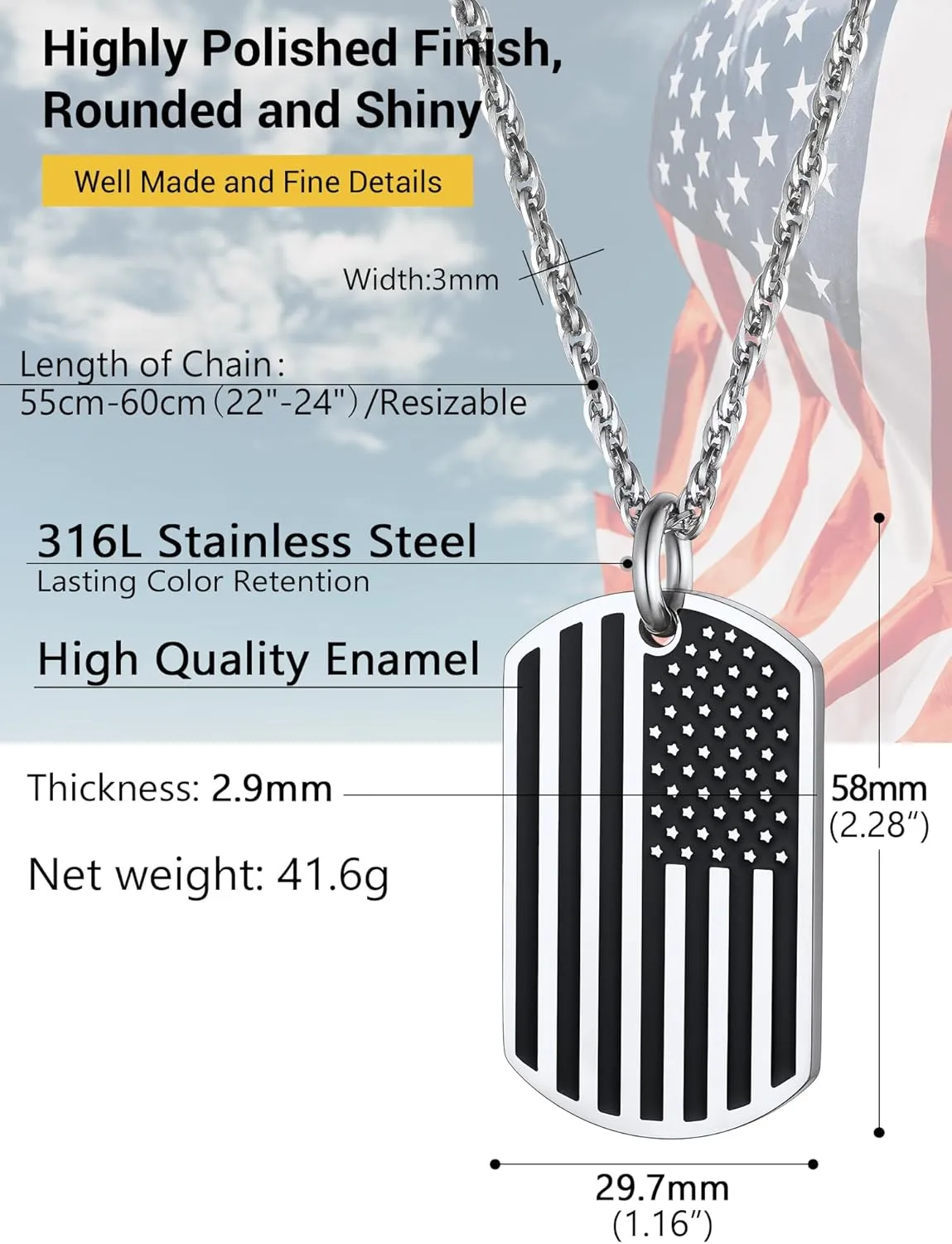PROSTEEL American Flag Necklace for Men, USA Flag Eagle/Cross Pendant, Stainless Steel Dog Tag Necklace, US Patriotic Jewelry, 22"-24" Adjustable, Come with Box