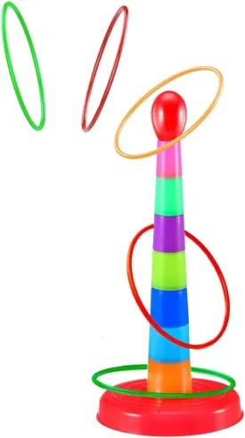 Ring Toss Game Set, 6 Colorful Rings with Plastic Tower, Indoor Outdoor Sport