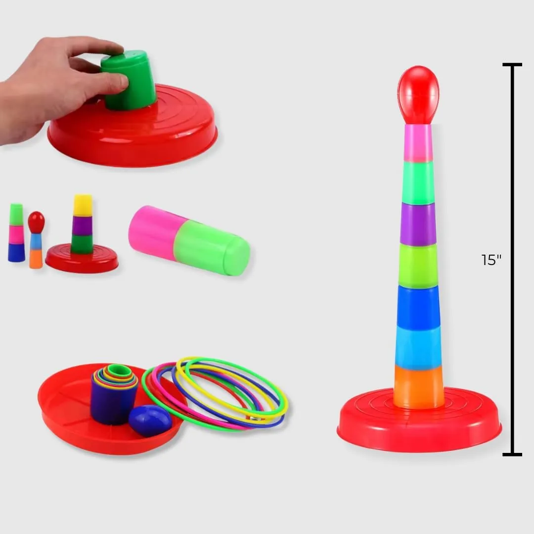 Ring Toss Game Set, 6 Colorful Rings with Plastic Tower, Indoor Outdoor Sport