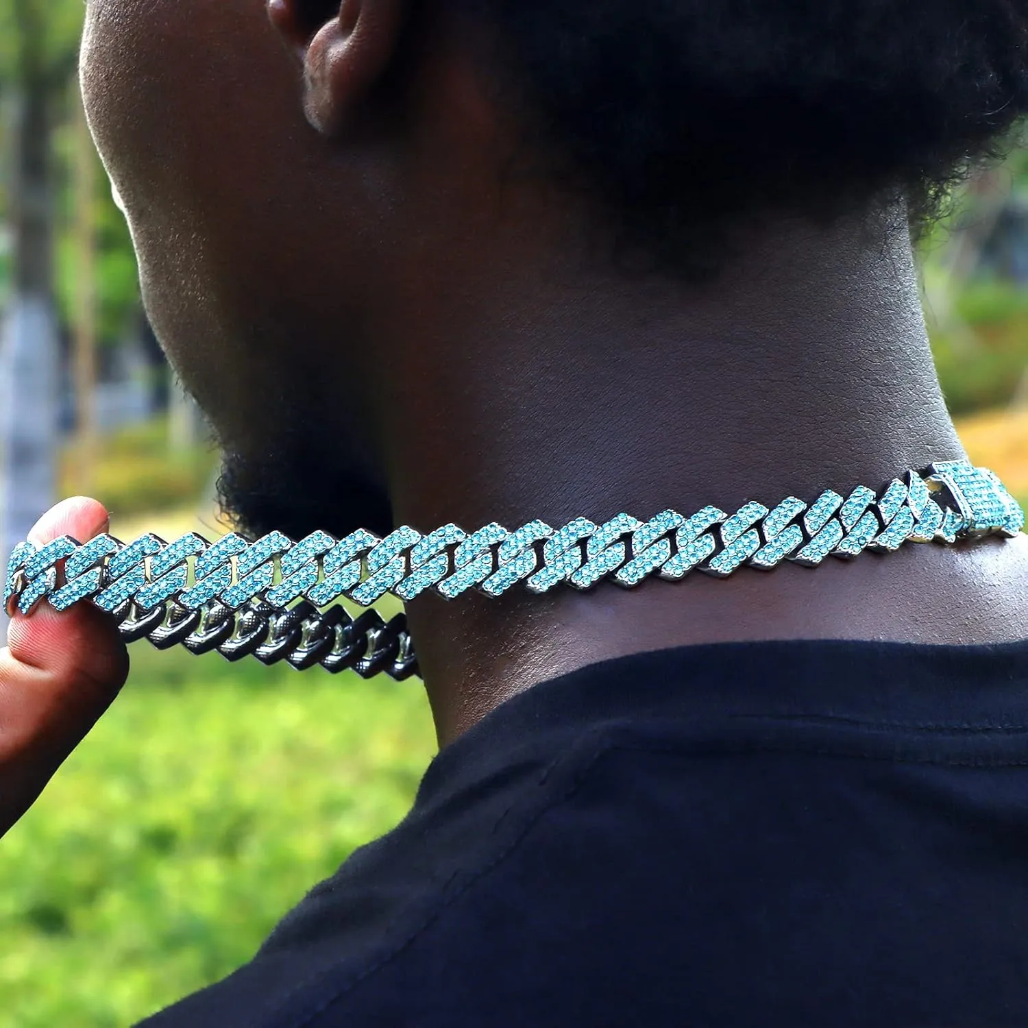 Silver Plated Bling Miami Cuban Link Chain for Men Women Iced Out Miami Cuban Necklace Diamond Chain for Men 14mm Colorful Hip Hop Jewelry