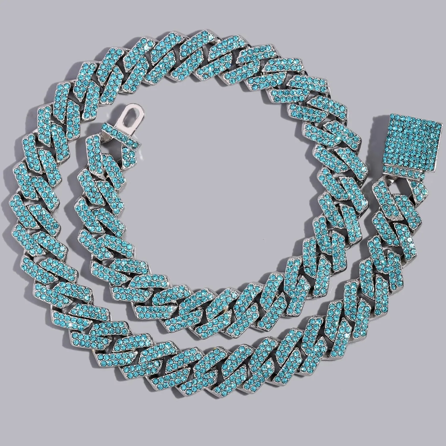 Silver Plated Bling Miami Cuban Link Chain for Men Women Iced Out Miami Cuban Necklace Diamond Chain for Men 14mm Colorful Hip Hop Jewelry