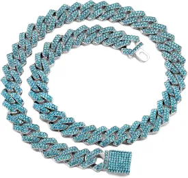 Silver Plated Bling Miami Cuban Link Chain for Men Women Iced Out Miami Cuban Necklace Diamond Chain for Men 14mm Colorful Hip Hop Jewelry