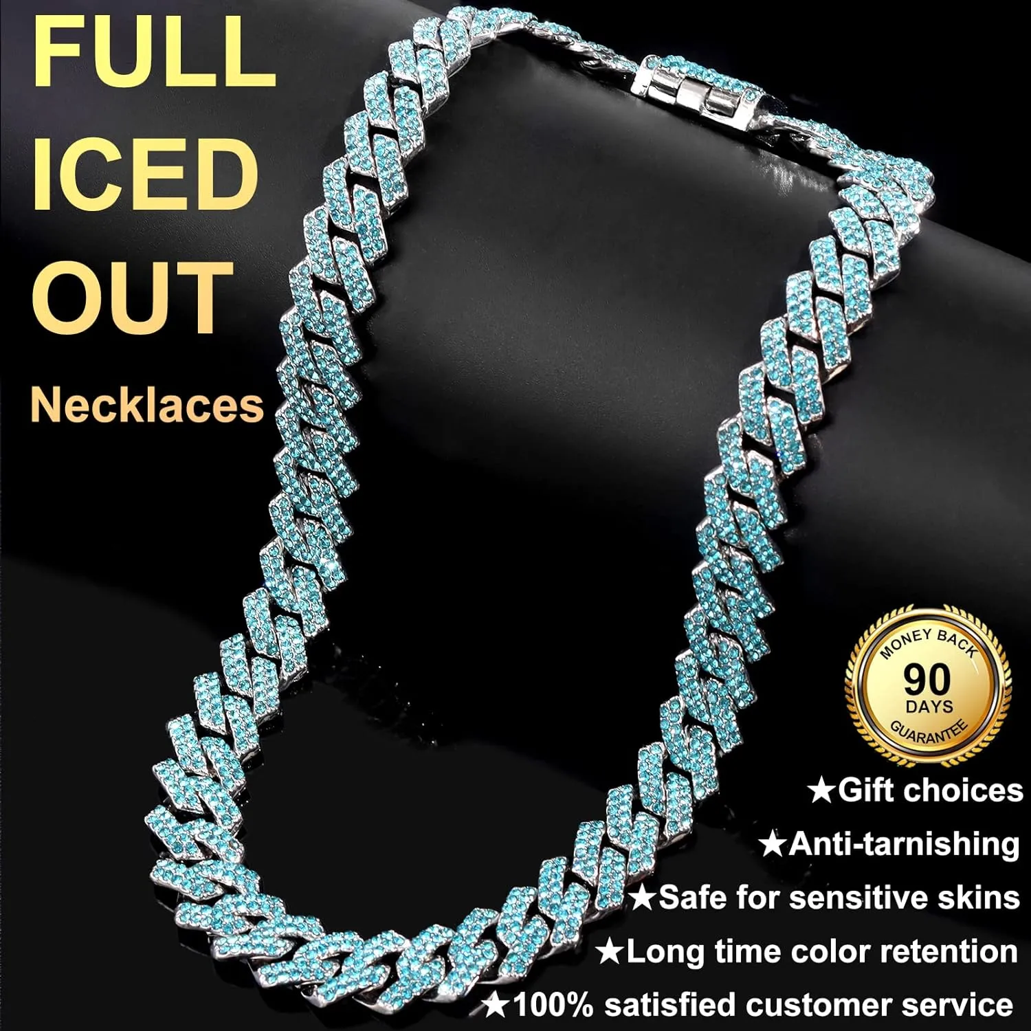 Silver Plated Bling Miami Cuban Link Chain for Men Women Iced Out Miami Cuban Necklace Diamond Chain for Men 14mm Colorful Hip Hop Jewelry