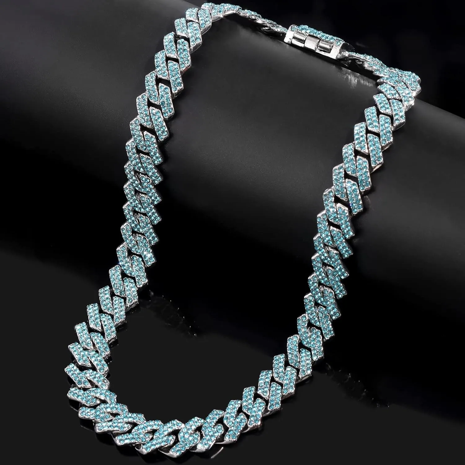 Silver Plated Bling Miami Cuban Link Chain for Men Women Iced Out Miami Cuban Necklace Diamond Chain for Men 14mm Colorful Hip Hop Jewelry