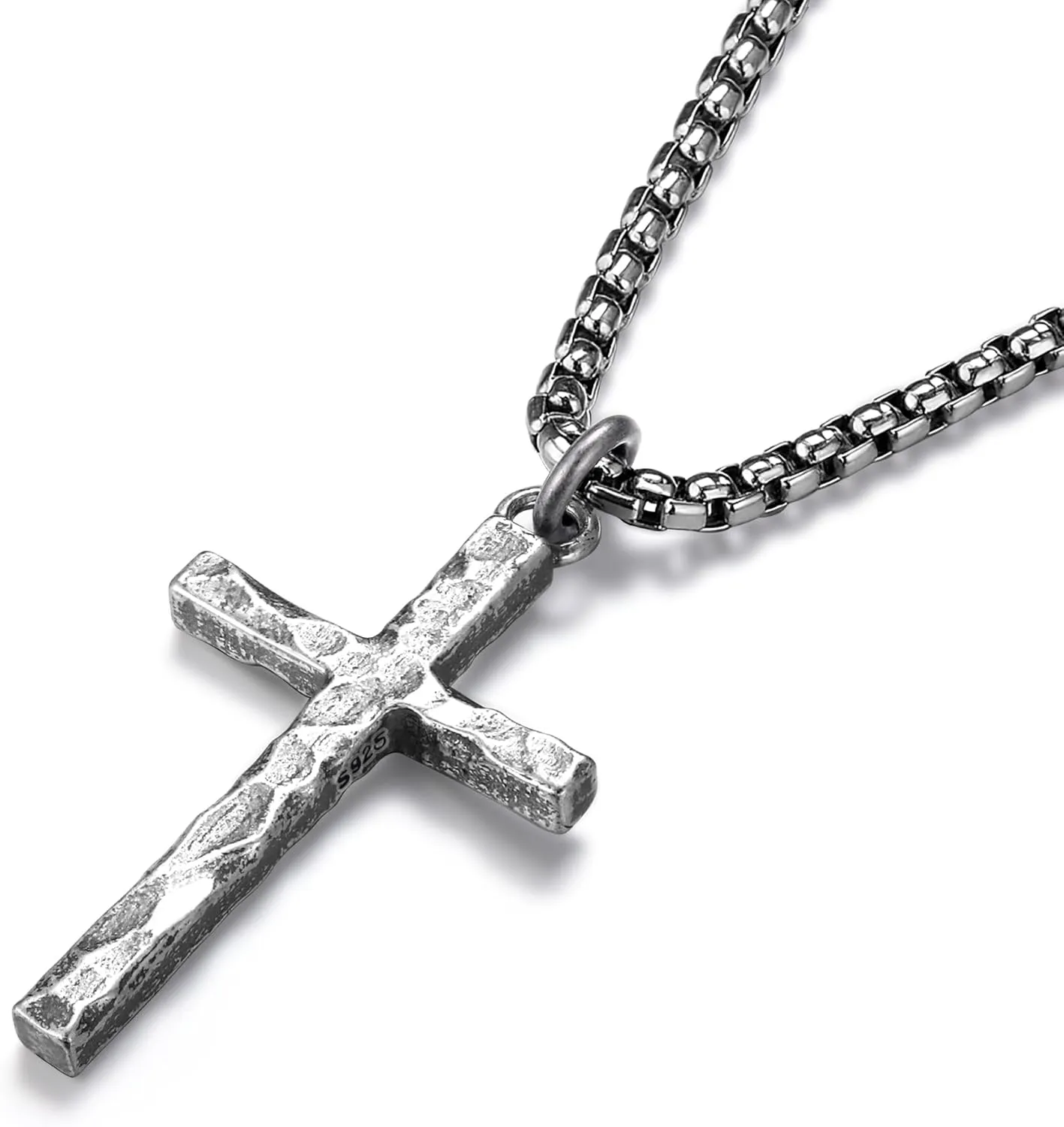 Small Cross Necklace for Men Silver Cross Pendant with Stainless Steel Box Chain | Mens Sterling Silver Crucifix Necklaces Jewelry for Fianc?? Husbands Birthdays 22 Inches