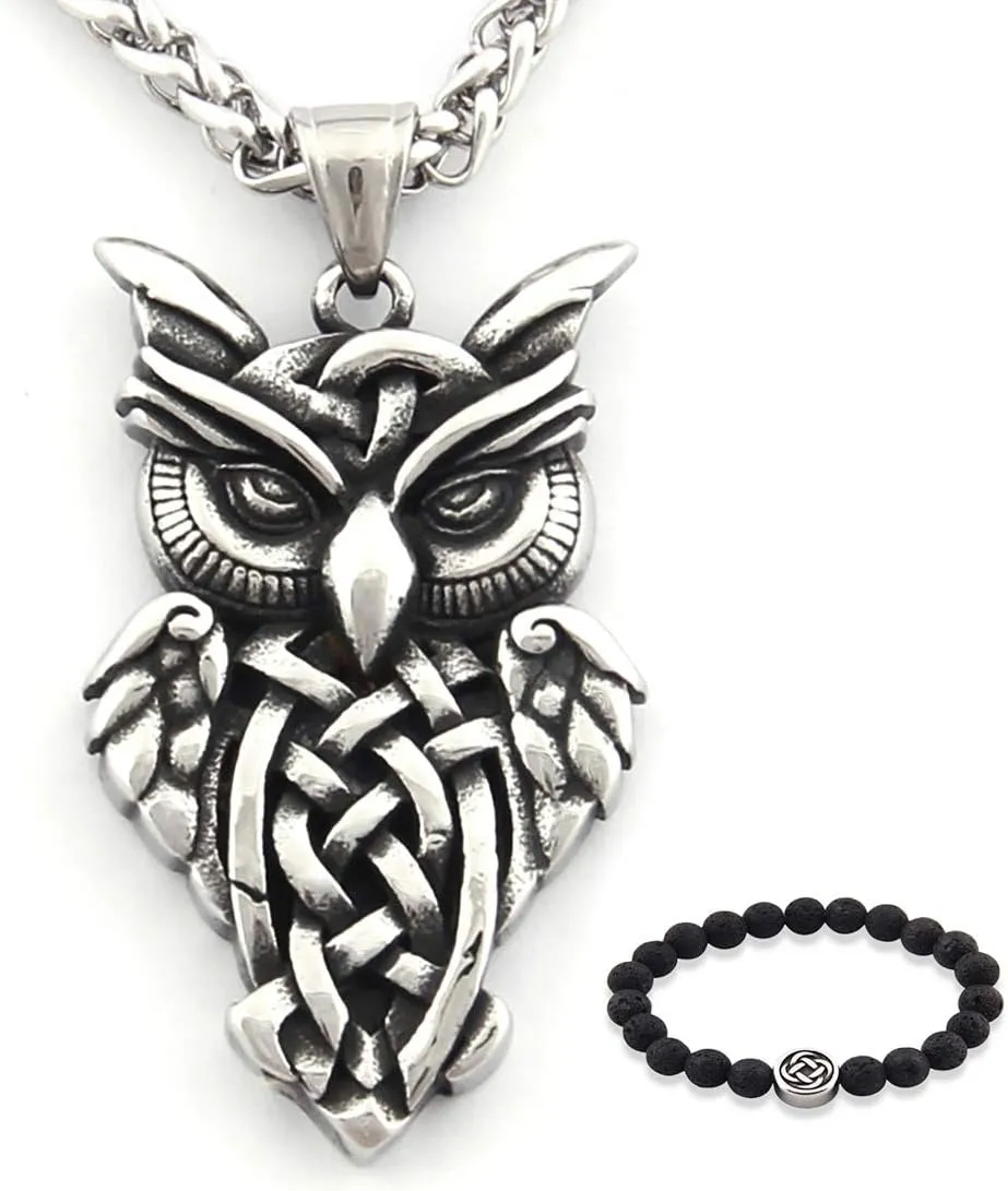 Stainless Steel Irish Celtic Owl Pendant Necklace Celtic Knot Amulet Jewelry