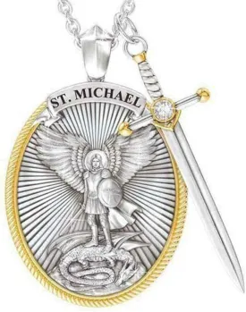 The Archangel Saint Michael/Oval Medal Necklace Protection Prayer Pendant Necklace Seal Solid with A Sword Pendant Necklace -1PCS