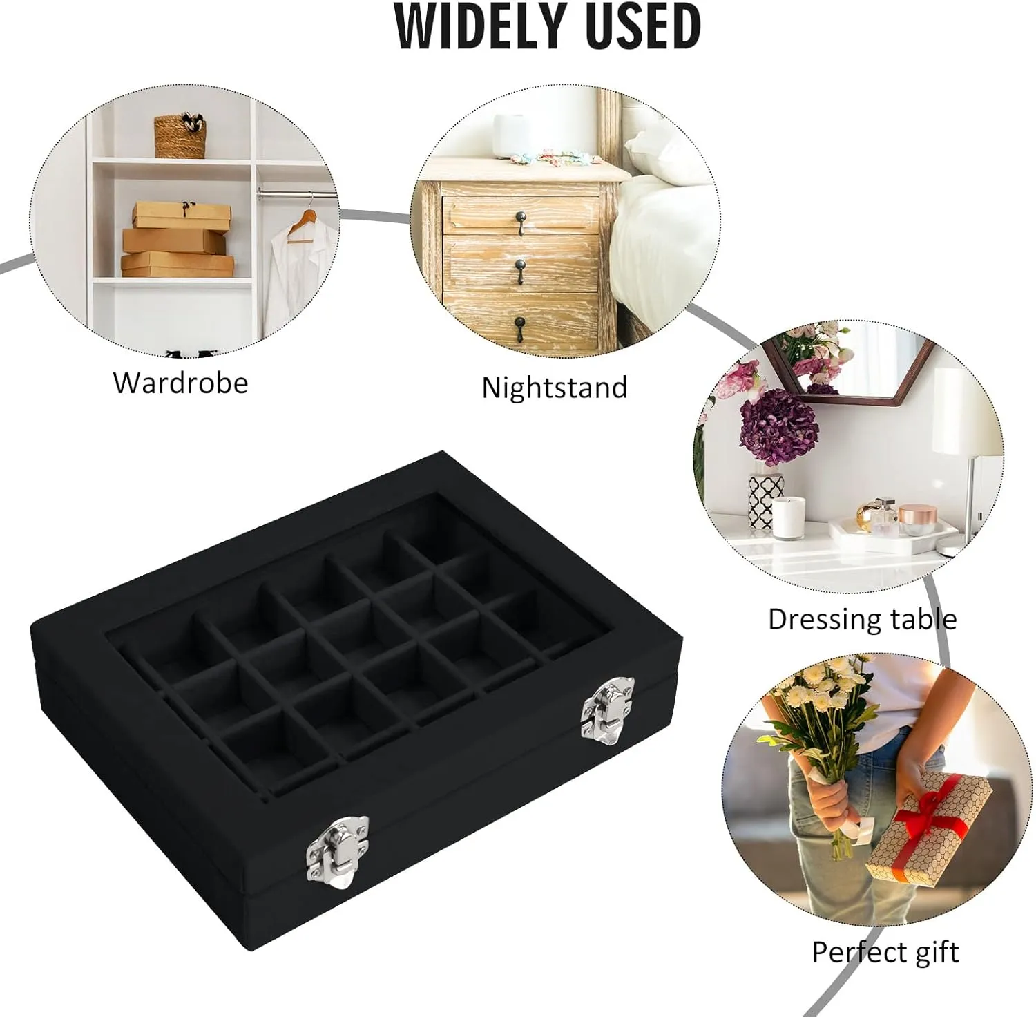 Velvet Jewelry Box 24 Grid Jewelry Ring Display Organiser Box Tray Holder Earrings Storage Case for Girls Wife Mom Women (Black)