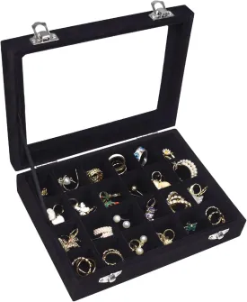 Velvet Jewelry Box 24 Grid Jewelry Ring Display Organiser Box Tray Holder Earrings Storage Case for Girls Wife Mom Women (Black)