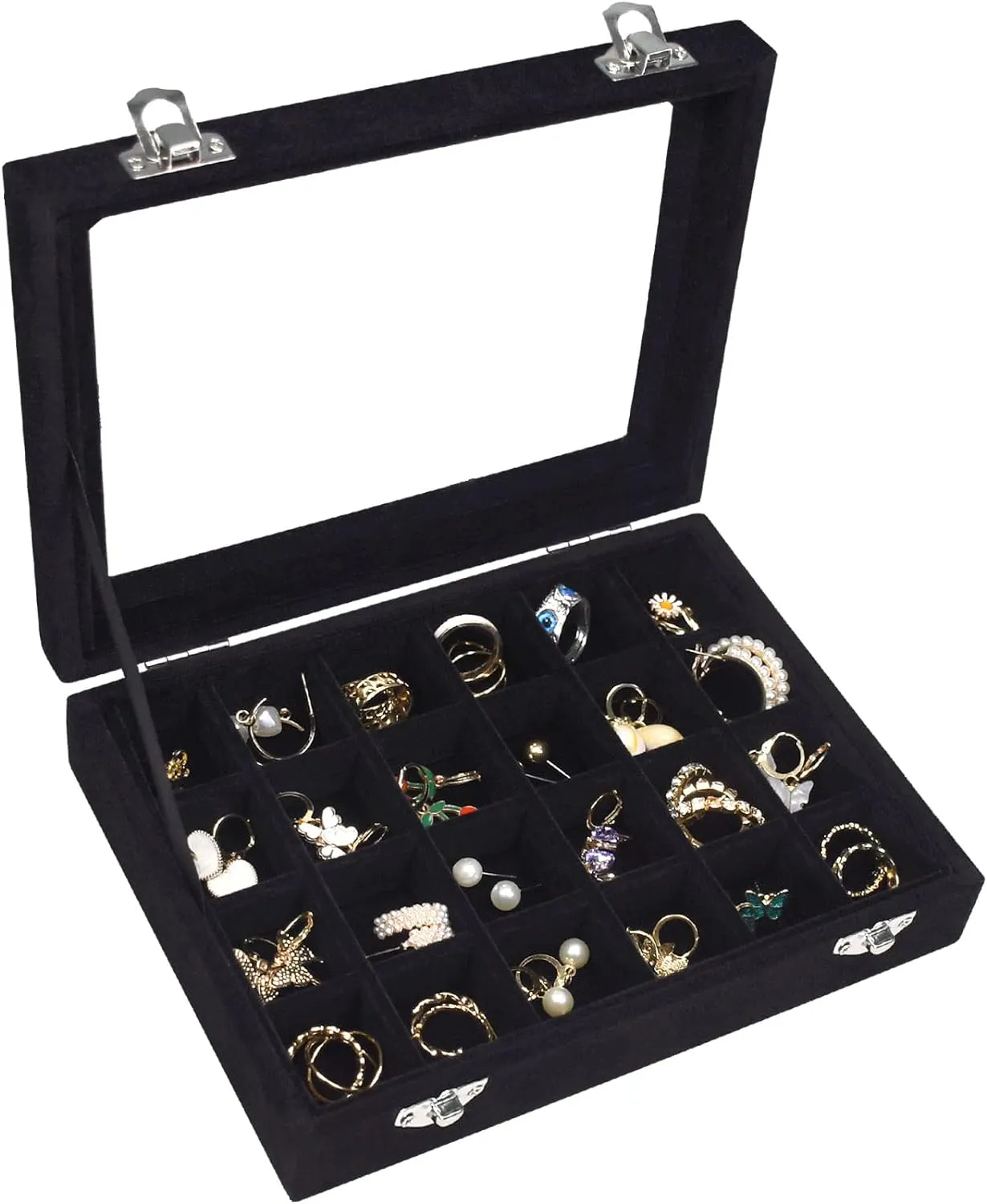Velvet Jewelry Box 24 Grid Jewelry Ring Display Organiser Box Tray Holder Earrings Storage Case for Girls Wife Mom Women (Black)