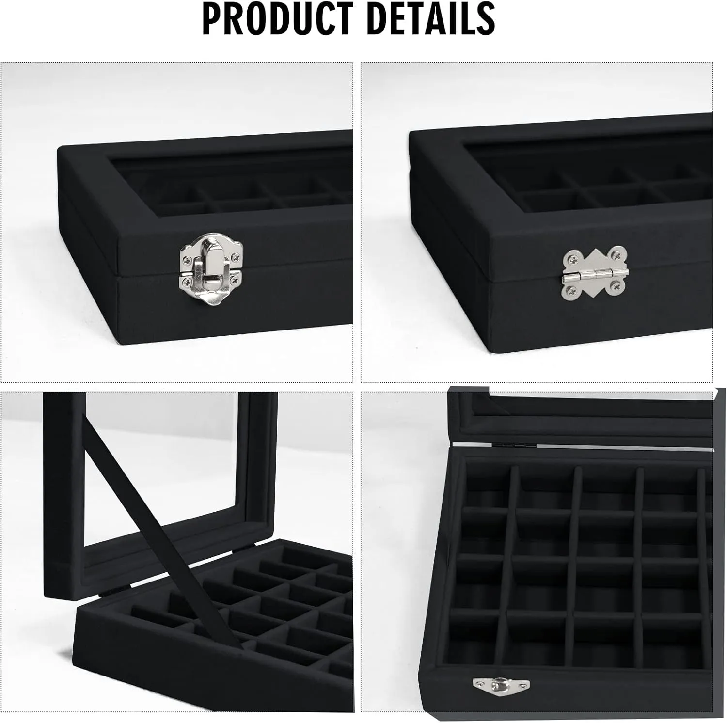 Velvet Jewelry Box 24 Grid Jewelry Ring Display Organiser Box Tray Holder Earrings Storage Case for Girls Wife Mom Women (Black)