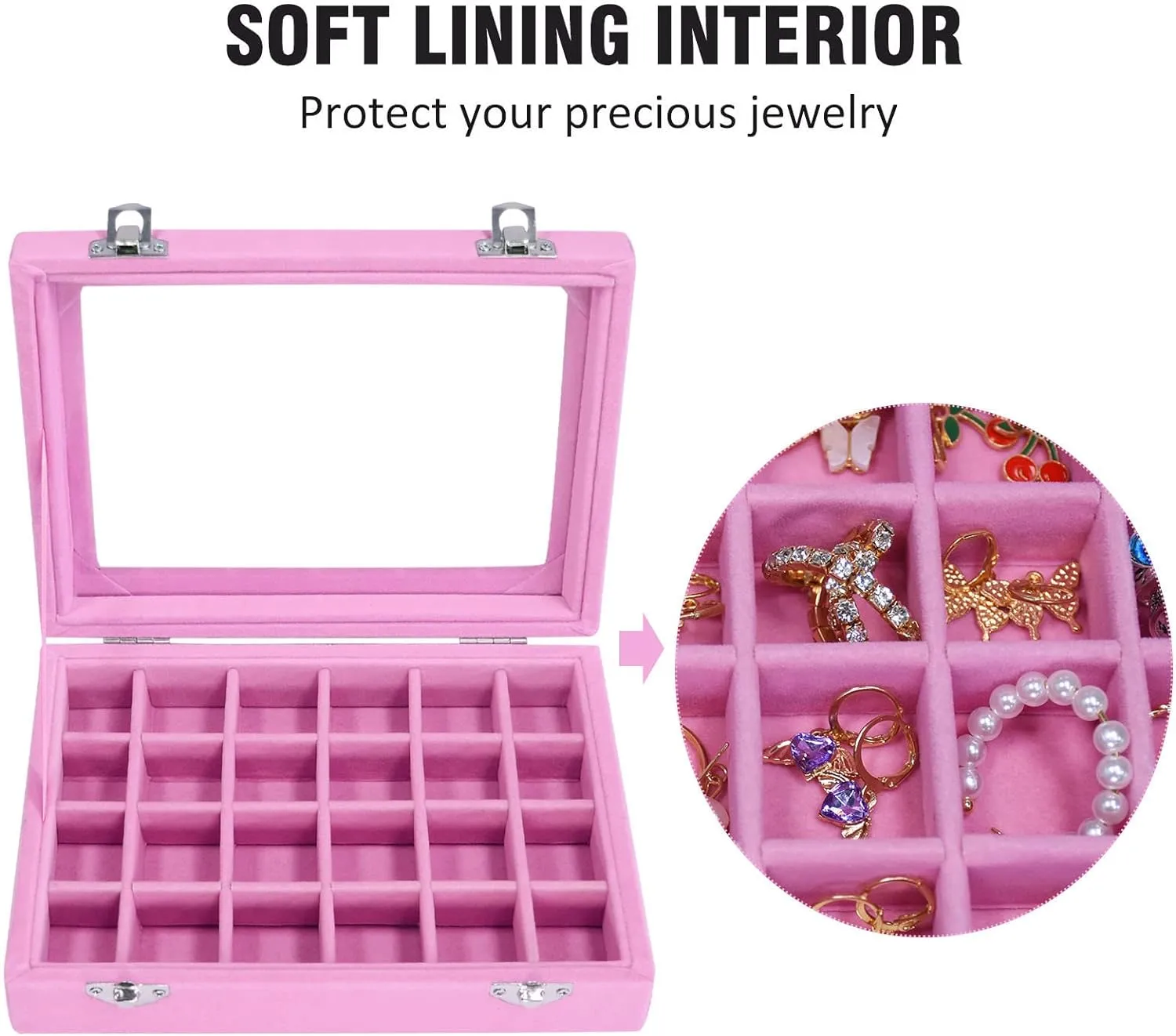 Velvet Jewelry Box 24 Grid Jewelry Ring Display Organiser Box Tray Holder Earrings Storage Case for Girls Wife Mom Women (Pink)