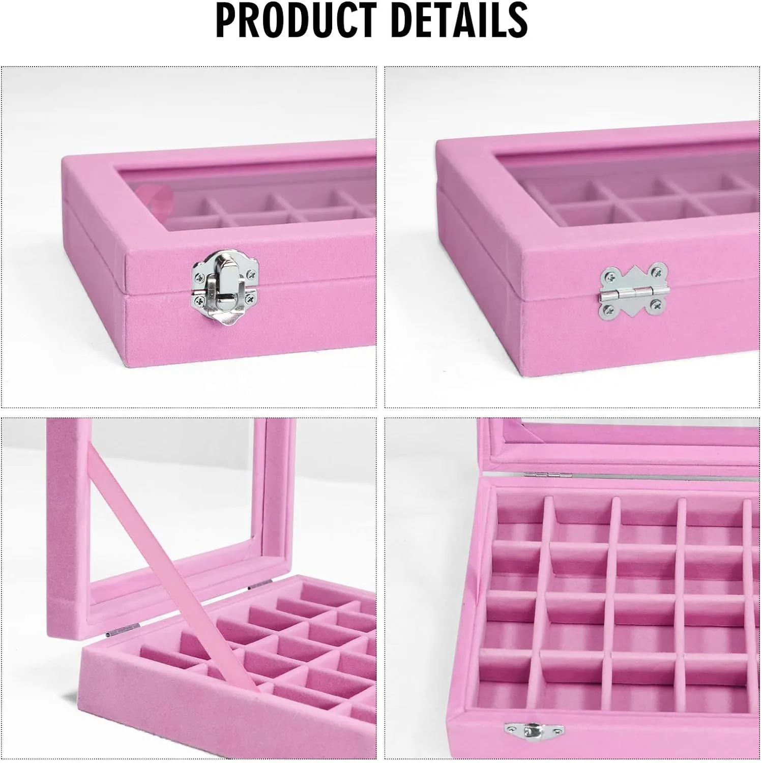 Velvet Jewelry Box 24 Grid Jewelry Ring Display Organiser Box Tray Holder Earrings Storage Case for Girls Wife Mom Women (Pink)