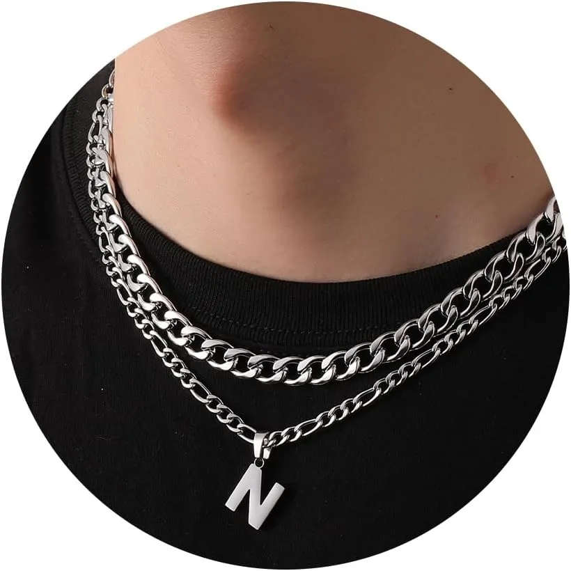 WEDDINEN Layered Initial A-Z Letter Pendant Necklace for Men Figaro Cuban Chain Necklace Jewelry Christmas Birthday Gift for Men Boys Boyfriend