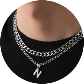 WEDDINEN Layered Initial A-Z Letter Pendant Necklace for Men Figaro Cuban Chain Necklace Jewelry Christmas Birthday Gift for Men Boys Boyfriend