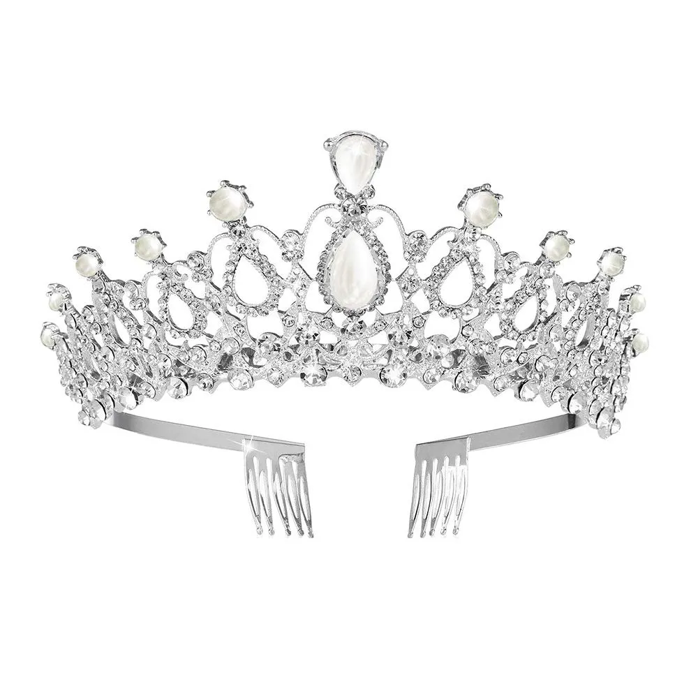 Women Tiara with Comb - Pearl Crystal Crown for Bridal Queen Princess Girls at Wedding Birthday Pageant (Silver)